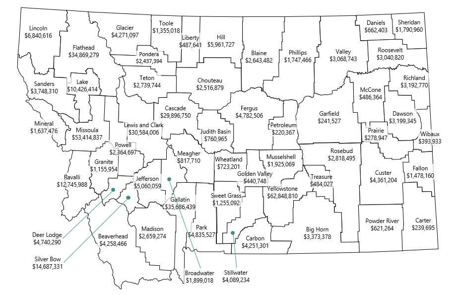 Map of Montana's 56 counties labeled with TRS payment totals for each county. See table below for data.