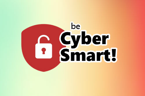 A shield shape with a lock in the middle with the text be Cyber Smart stacked to the right